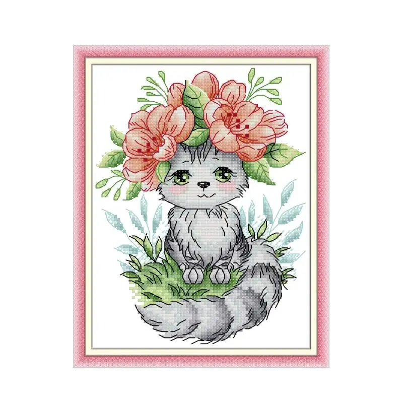 Cat wearing flowers cross stitch kit  14ct 11ct count print canvas hand sew cross-stitching embroidery DIY handmade needlework