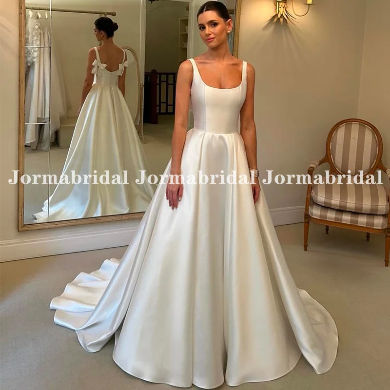 Clássico marfim cetim vestido de casamento gola quadrada alças com gravata borboleta princesa a linha igreja vestidos de noiva vestido de casamento personalizado