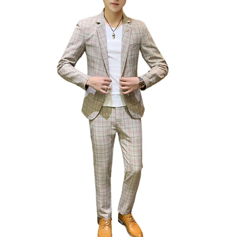 【Jacket + Trousers】Men's Suit Set New Summer Fashion Checkered Slim Fit Two Button Casual Formal Wear Business Commuter Office