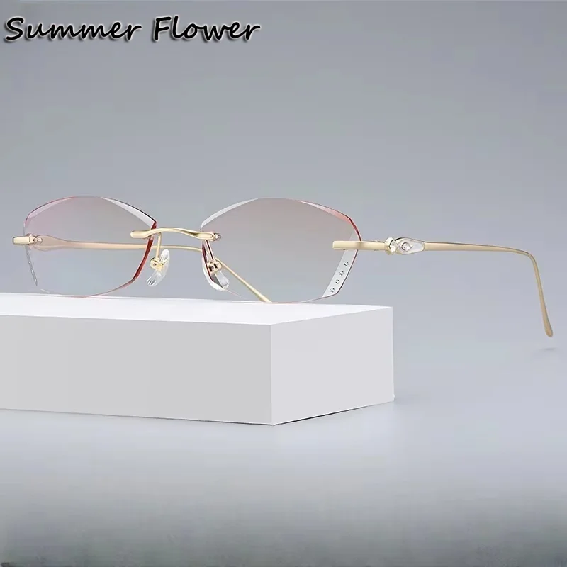 

Luxury Prescription Glasses Fashion Women Elegant Rimless Titanium Eyeglass Diamond Trim Eyewear for Tint Color Recipe Lenses