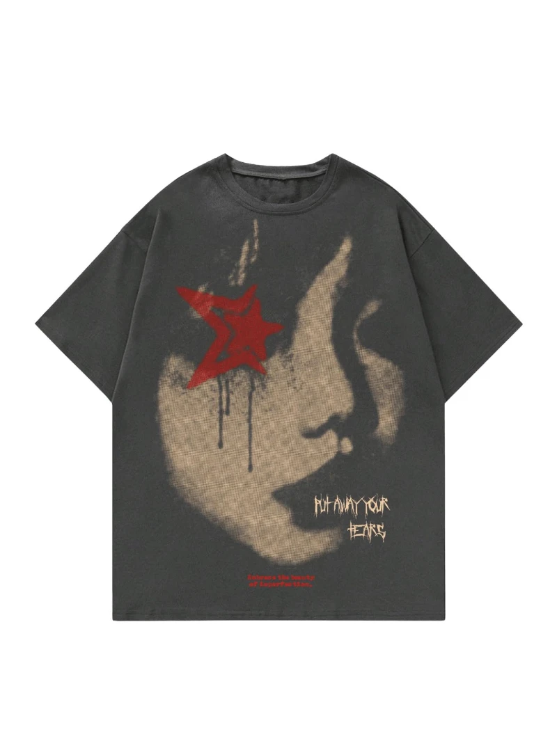 

Мужская футболка большого размера с короткими рукавами и графическим рисунком Y2K, винтажная крутая уличная одежда с вырезом в виде кислотной стирки, стильные уличные киберпанк