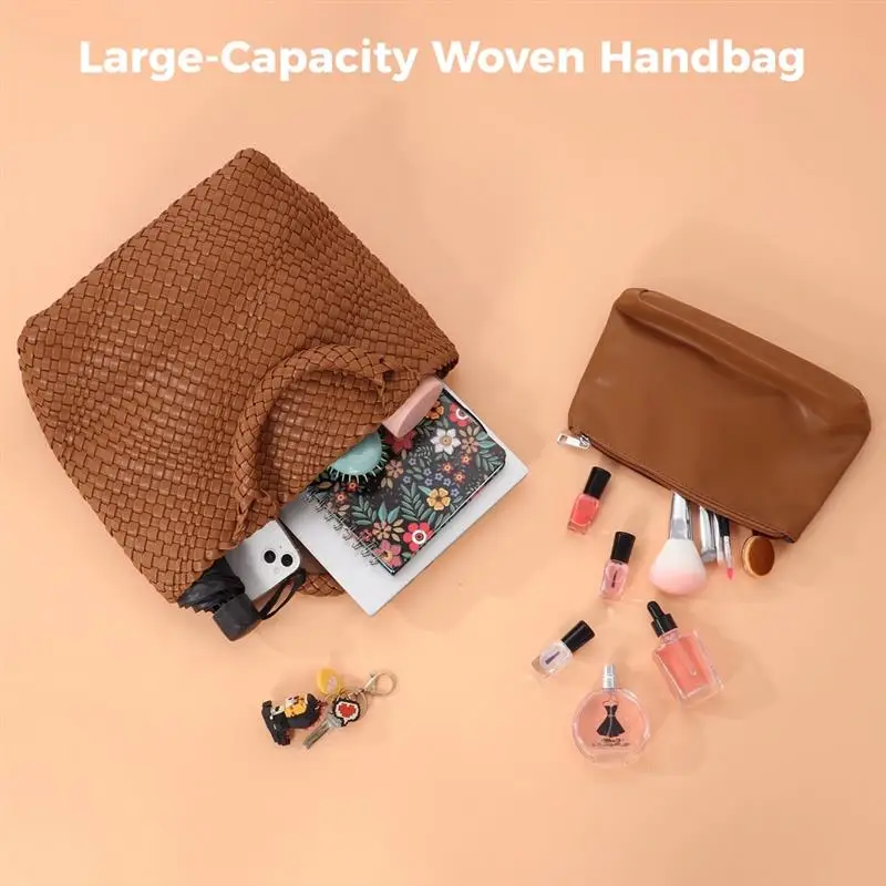 Fashion Woven Bag For Women Vegan Leather Woven Bag With Purse Handmade Beach Tote Bag Vegan Leather Tote Bag With Top Handle