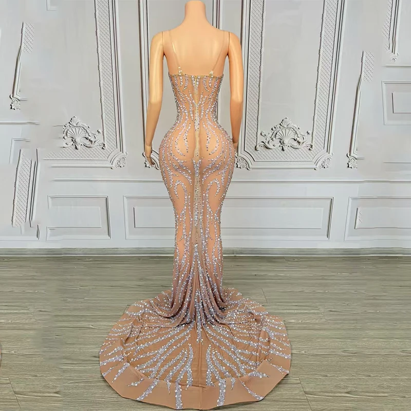 이브닝 드레스 여성 전체 다이아몬드 스트랩 트레일링 드레스 나이트 클럽 바 Dj 공연 무대 의상 드래그 퀸 옷 DN20937