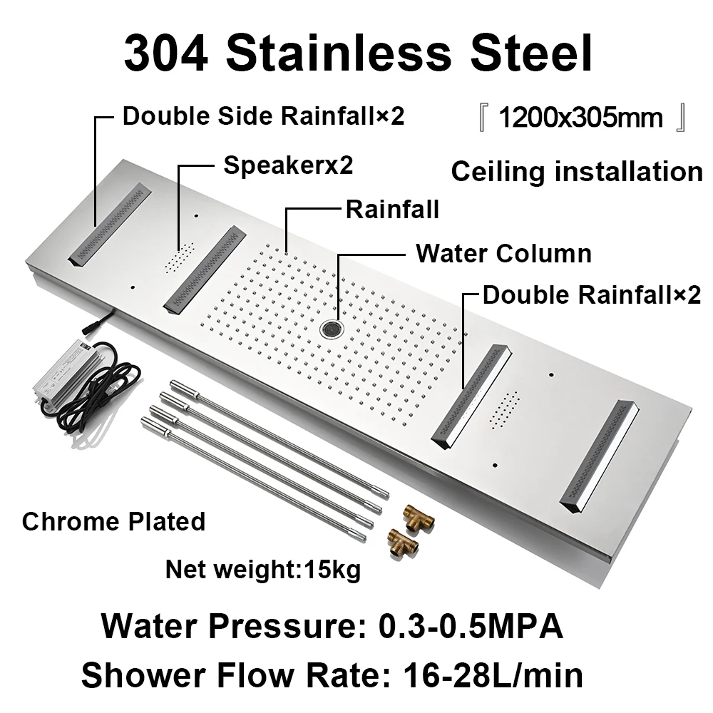M Boenn 47*12 Inch LED lighting Large Black Shower Head Rainfall Bathroom Ceiling Emotional Appeal Couple Music Spa Shower Panel