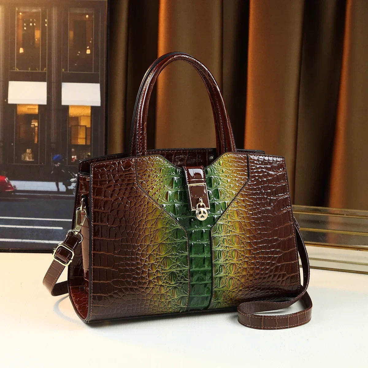 2024 New Fashion Crocodile Pattern Ladies\' Patent Leather Handbag, Shoulder Bag and Tote Bag, Suitable for Office and Daily Use