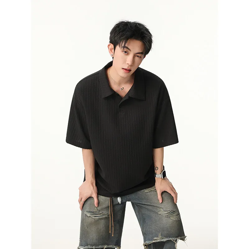 Men's Polo Shirt Summer Textured Fabric Loose Fit Short Sleeve Polos Solid Color Casual Summer Streetwear Breathable  Top Tee