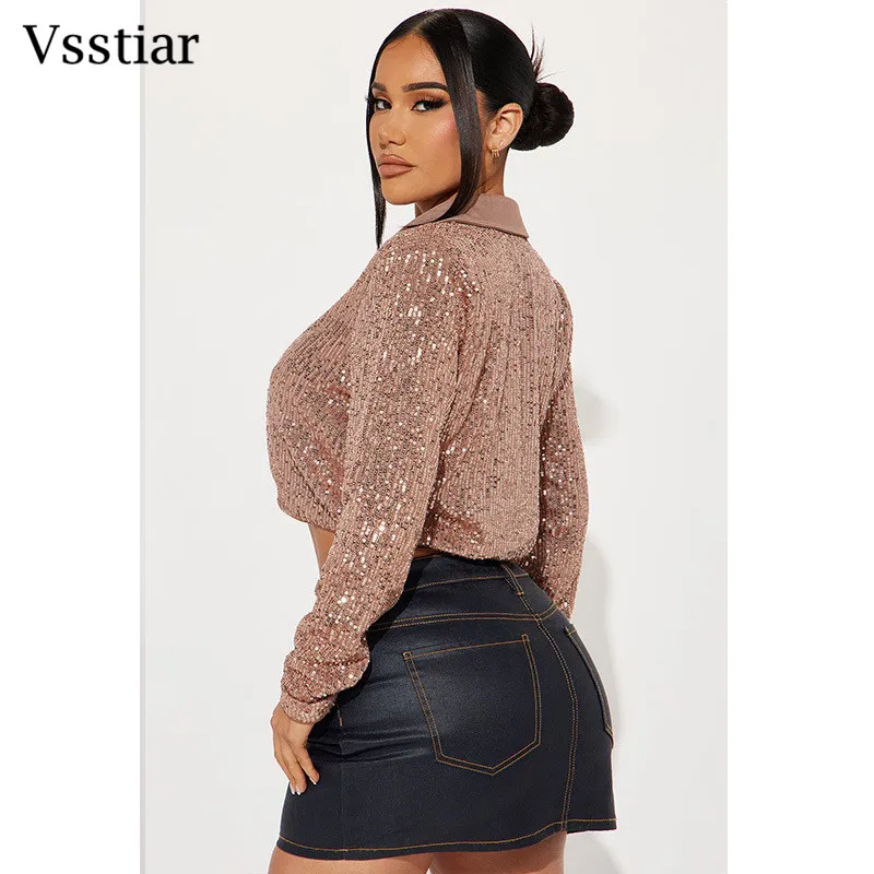 Vsstiar 2023 Fashion Sequins Women Shirts Turn-down Collar Long Sleeve Elegant Tops Winter Party Clubwear Glitter Blouse Female