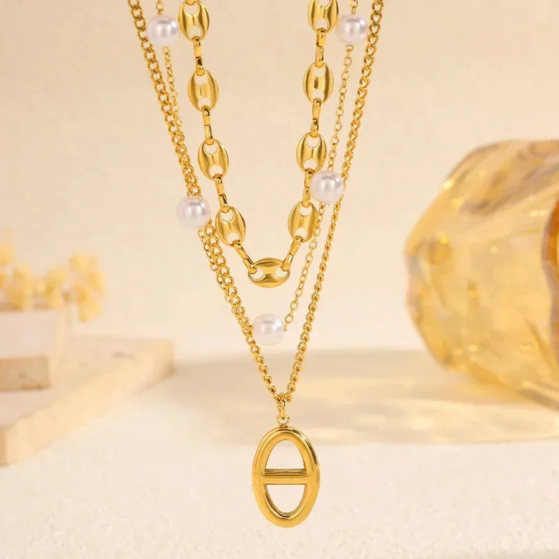 

YISON Stainless Steel Titanium Steel Women's Necklace Pearl Three-layer Chain Pig Nose Fashionable Jewelry Accessories