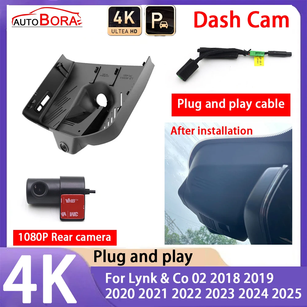 AutoBora 4K 2160P Car Camera Plug and Play UHD Dash Cam Night Vision for Lynk & Co 02 2018 2019 2020 2021 2022 2023 2024 2025