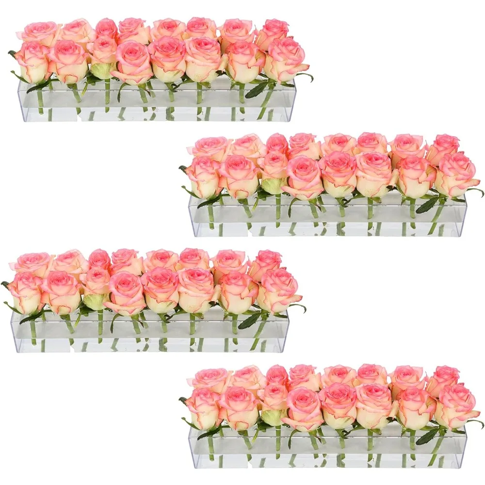 

4 Pack Clear Acrylic Flower Vase Centerpiece for Dining Table,63.2 Inch Rectangular Floral Low Vases with 64 Holes