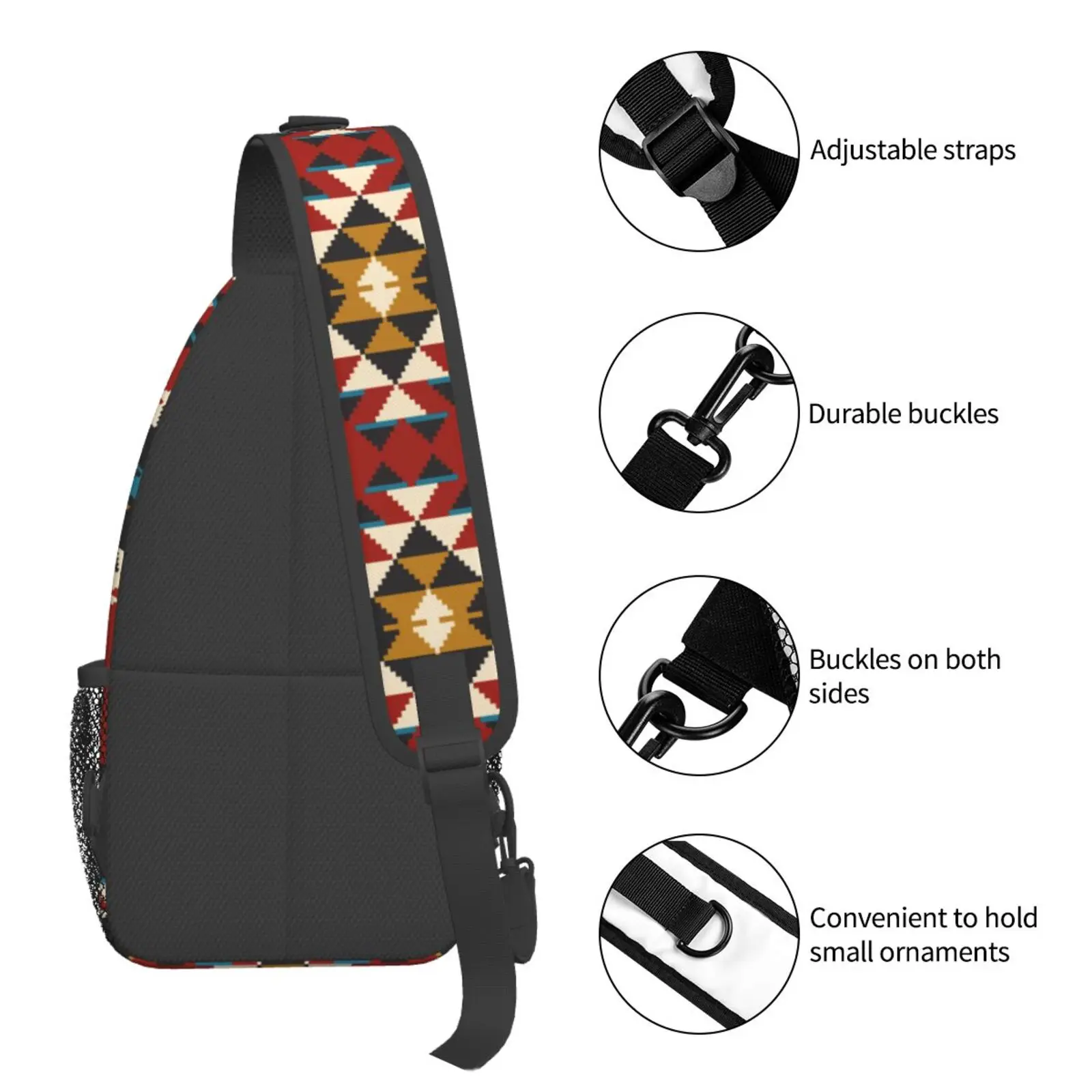 Indian Aztec Navajo Sling Bag Crossbody Backpack,Tribal Seamless Colorful Geometric Pattern Ethnic Chest Bag Adjustable Backpack