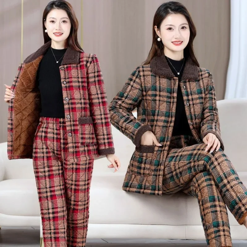 Winter  Plus Fleece Cotton-padded Trouser Suit Middle-aged Elderly Women\'s Loose Thick Warm Cotton-padded Suit Pajama Sets