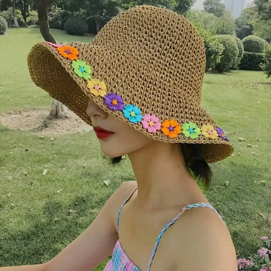 

New Fisherman Straw Hat with Colorful Woven Flowers for Summer 2026 | Hollow Lace Hat for Pro