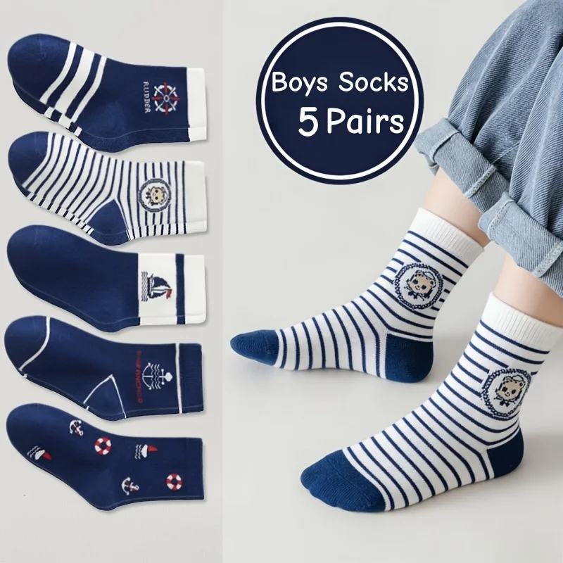 1-14T Kids\' Socks Spring Autumn Cotton Socks 5 Pairs/lot Soft Cotton Socks Calf Socks Little Big Boys Crew Sock