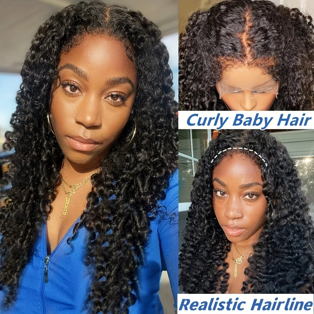 

180% Density 4x4 Curly Edges Baby Hair Lace Wig Water Wave Lace Front Human Hair Wigs with Curly Hairline Transparent Lace Front