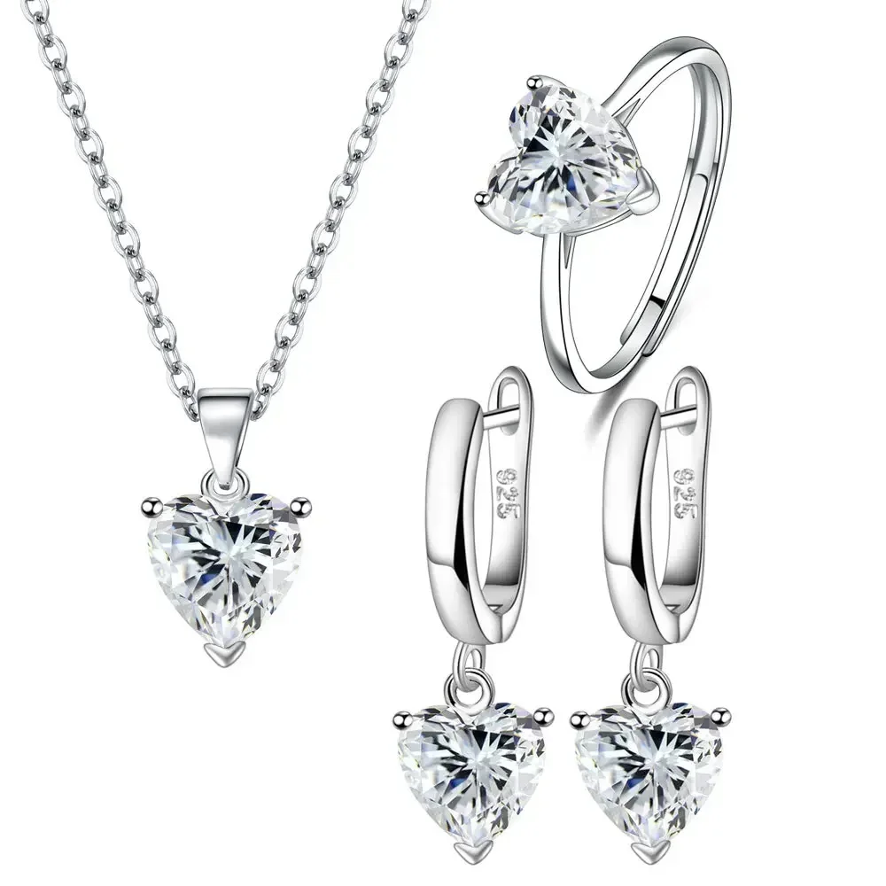 Fine 925 Sterling Silver Color Jewelry Gift Sets for Women Female Romantic Heart Zircon Huggie Earrings Pendant Necklace Ring