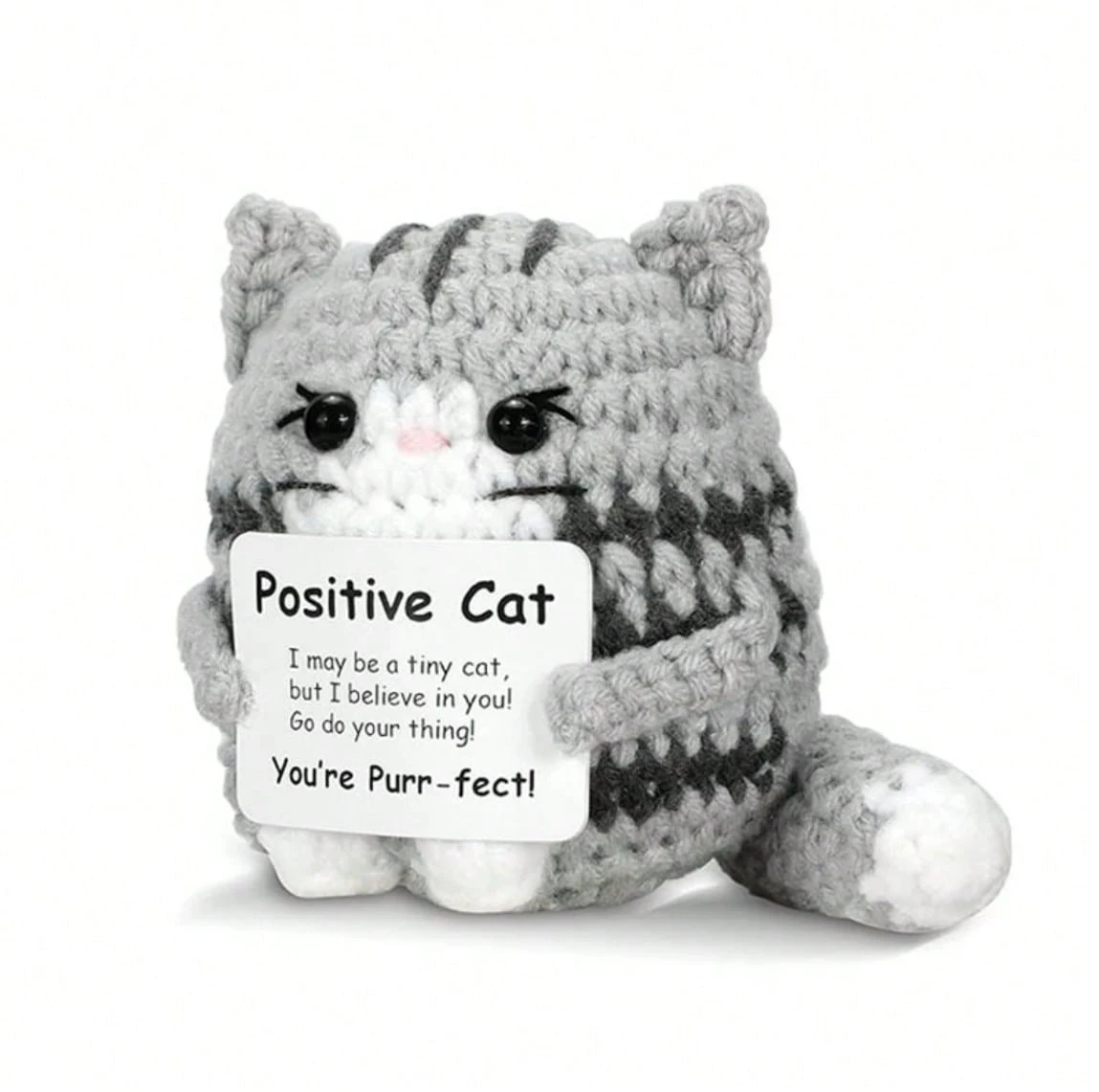 Positiv gestaltete gehäkelte Miniaturkatze, ein Geschenk, das für gute Laune sorgt und emotionale Unterstützung bietet, eine lustige, handgefertigte Miniaturkatze zum Häkeln, geeignet für Frauen, Männer, Freunde, Mütter, Töchter, Söhne, Plüsch-Enten-, Hai- und Pinguin-Dekorationsfiguren, Geburtstags-, Weihnachts- und Abschlussgeschenke. – Detail 4