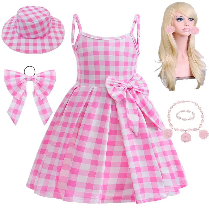 Barbi Clothes for Girls Movie Barbi Csoplay Dress Suspender Bow Cute Plaid Pink Dress Kids Costume for Halloween Princess Dress