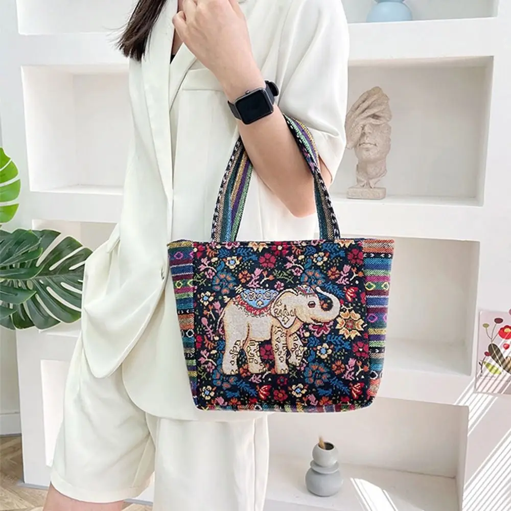 Ethnic Style Handbag Embroidery Elephant Canvas Women Shoulder Bags Grocery Storage Pouch