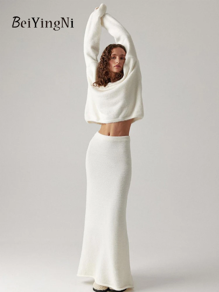 Beiyingni 2025 Otoño Invierno conjuntos de faldas para mujer Simple elegante suéter de calle conjunto de dos piezas chándales de Color sólido para mujer