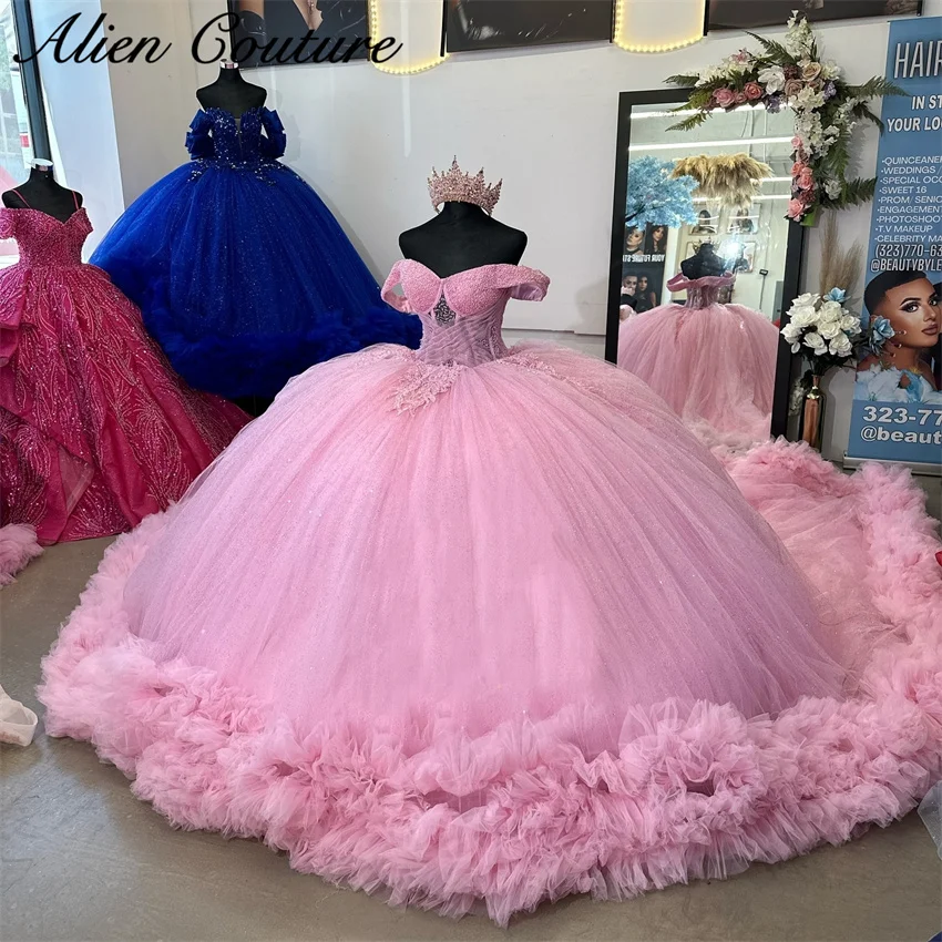 Princess Pink Quinceanera Dress Sweet 16 Ball Gown Ruffle Luxury Tulle Bead Crystal Applique Vestidos De XV Anos Customized 