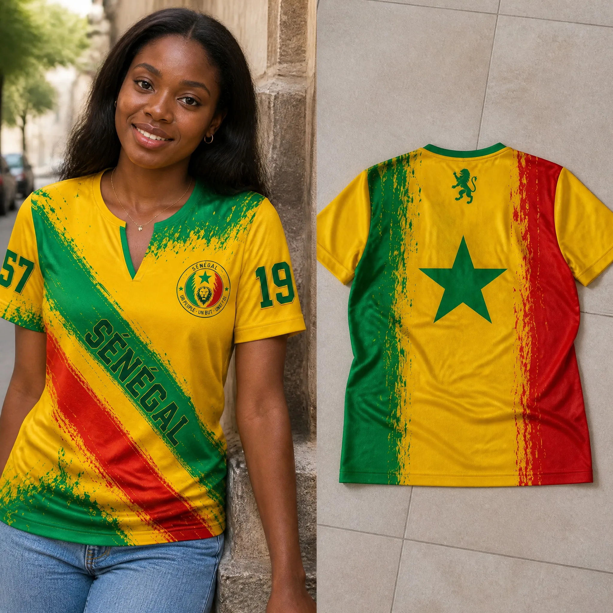 Womens Senegal Small V Neck T Shirt Green Yellow Star Stripe Print Casual Summer Short Sleeve Top Heritage Pride Daily Wear Look