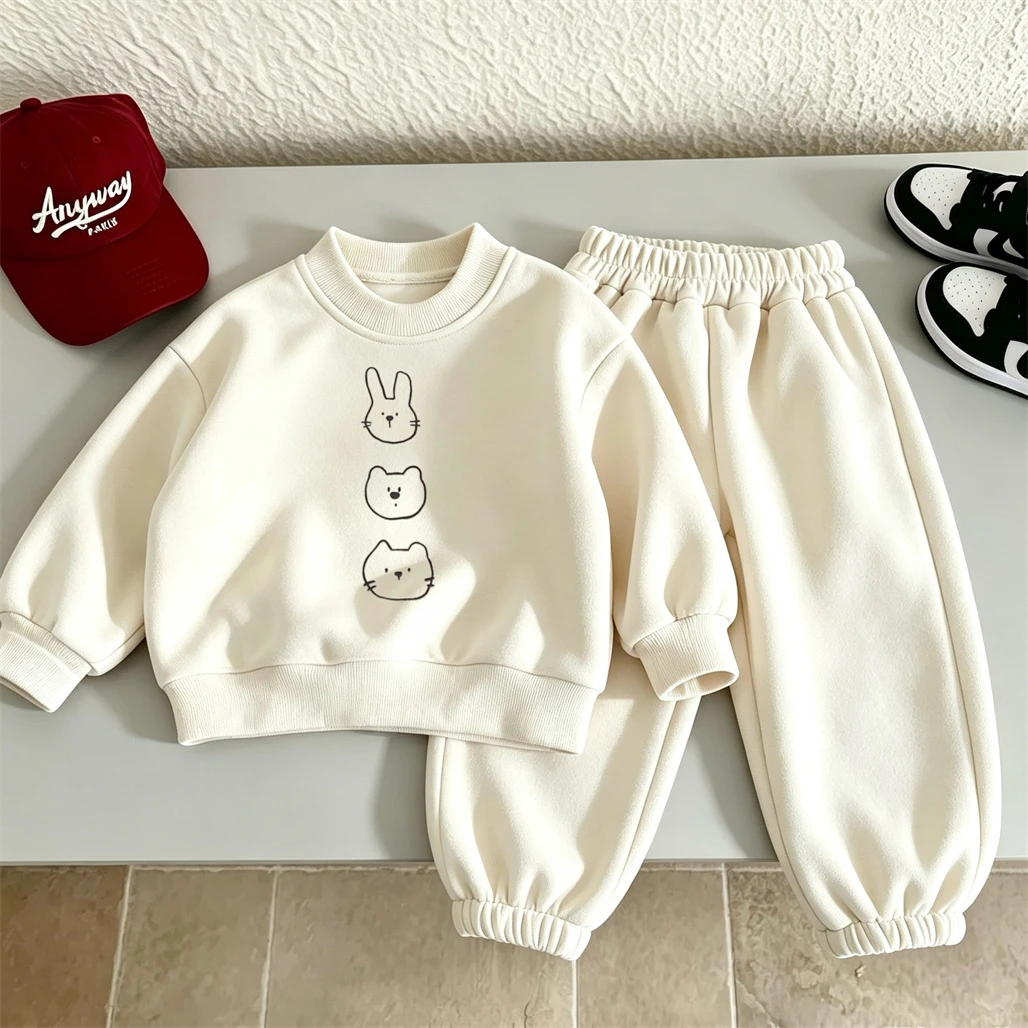 Pink Yellow Beige Suits Girls Autumn Clothing Printed Sweatshirts Loose Pants Infant Cute Round Neck Hoodies Solid Color Pants