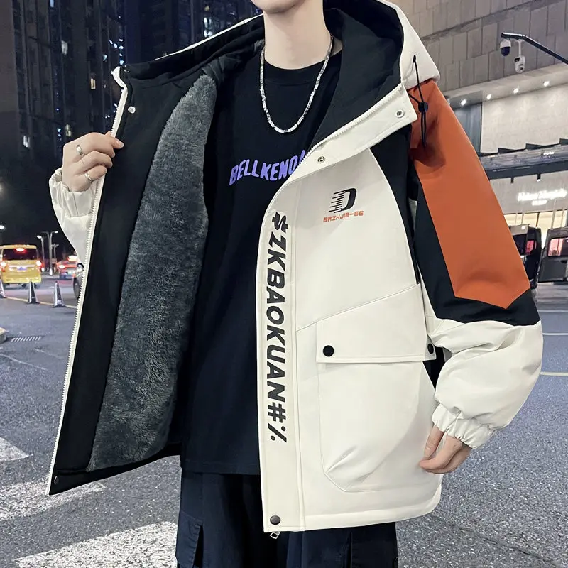 Fashion Men's Thick Fleece Liner Hooded Jackets 2026 Autumn Winter Youth Warm Plush Coat Outwear Windproof Loose Padded Clothing