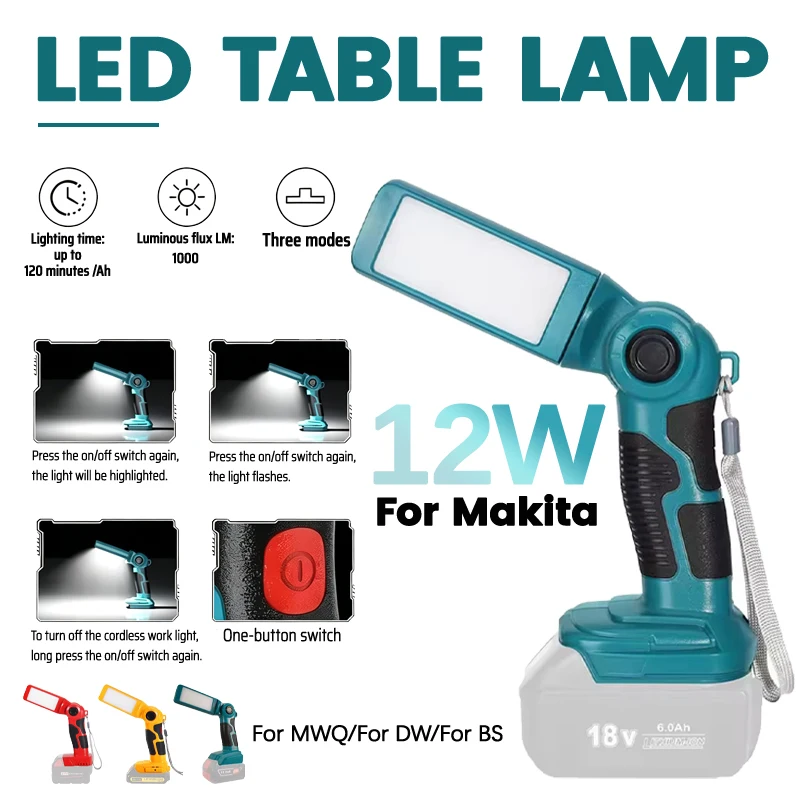 12W Portable LED Table Lamp 1000LM Cordless Emergency Light with USB Ports Fits for Makita/Dewalt/Bosch/Milwaukee 18-20V Battery