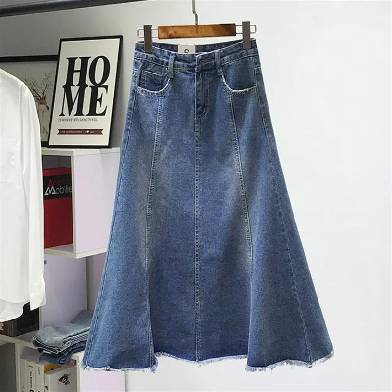 

New High Waist Raw Edge Stretch Denim Skirt Women's Slim Long A-Line Fishtail Skirt
