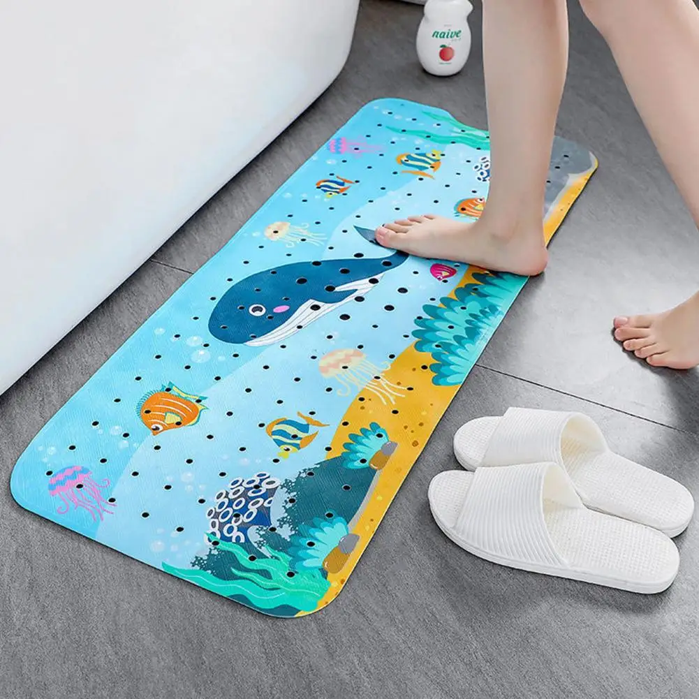 Children Shower Mat with Drainage Holes Anti-slip Toddler Bath Mat Fun Cartoon Printed Bathtub Mat with Strong for Children\'s