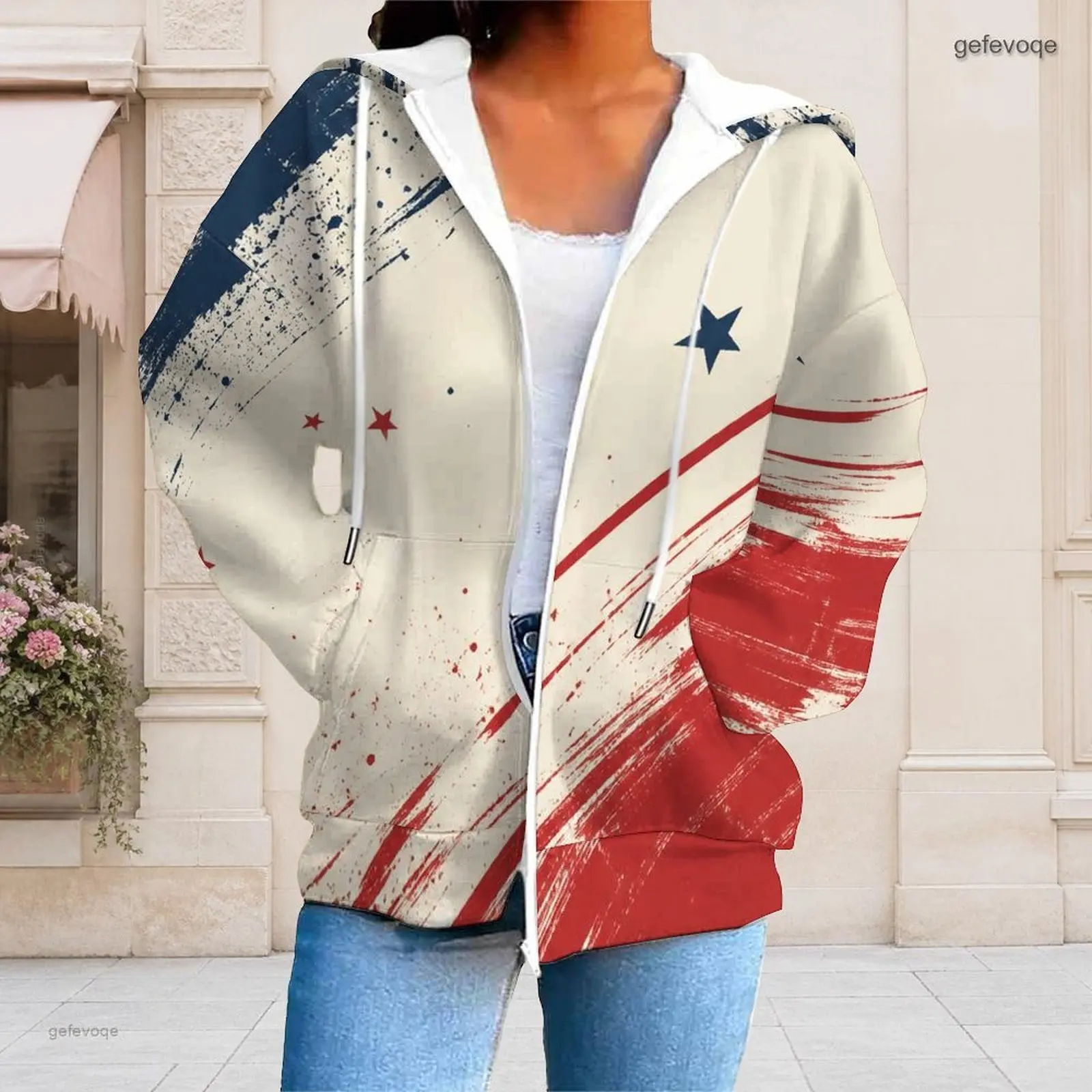 Women Printed Bald Eagle Star Stripe Pattern Zip Up Long Sleeve Hoodie