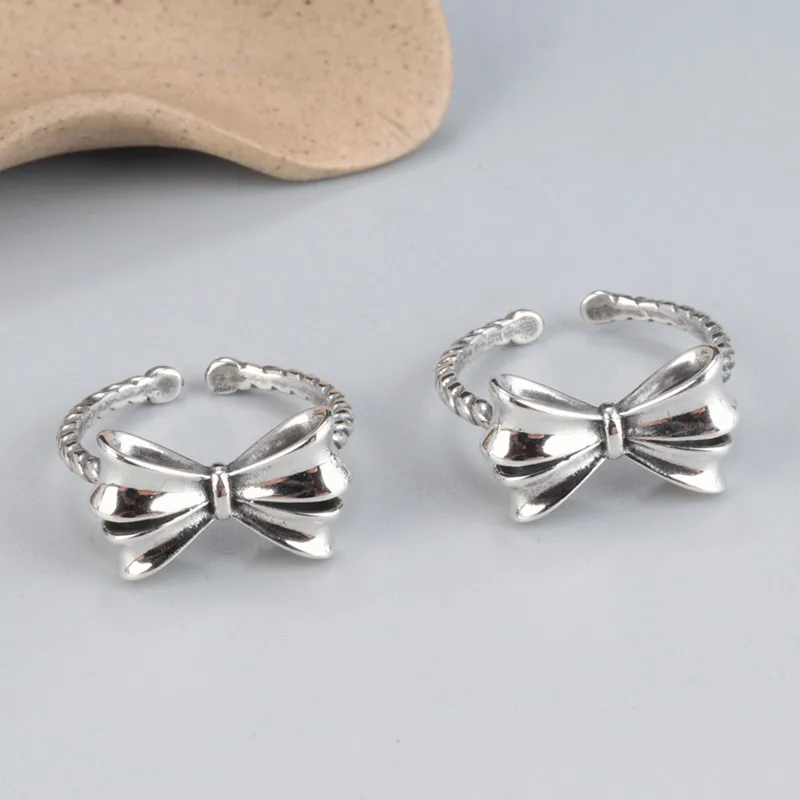 

S925 sterling silver bow ring female fashion simple bright Korean version open index finger ring