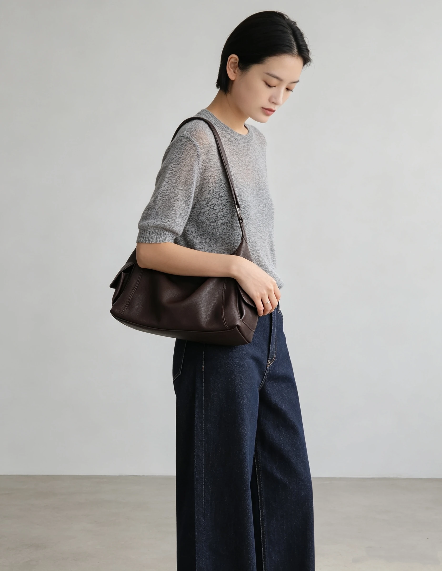 Water-dyed calfskin slouchy underarm bag Stylish women's casual shoulder bag Top-grain leather underarm bag Genuine leather bag