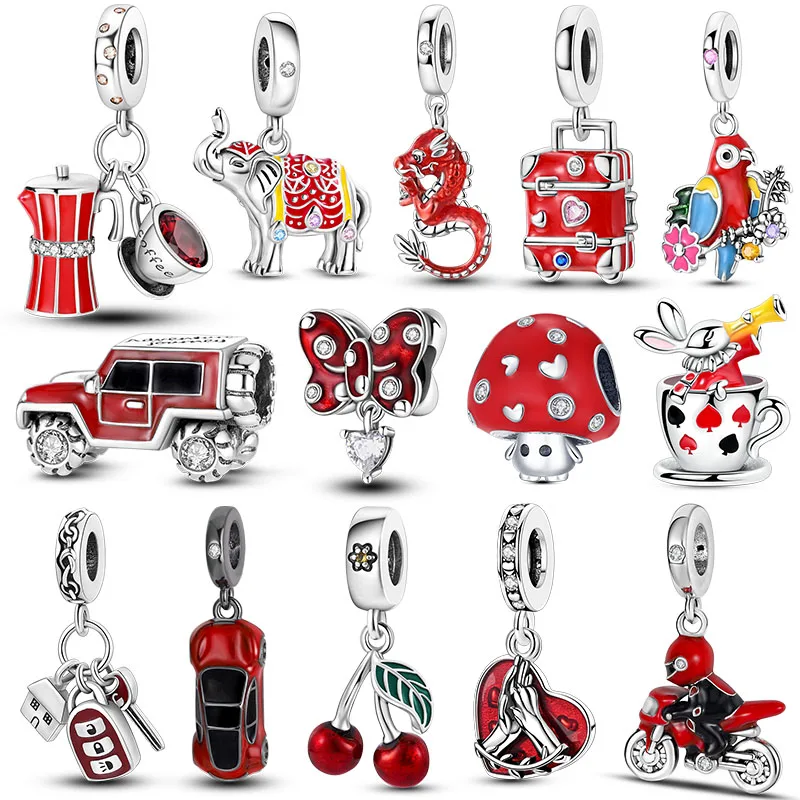 Vermelho charme grânulo original 925 prata ajuste pulseira pingente diy carro café cereja para mulher jóias