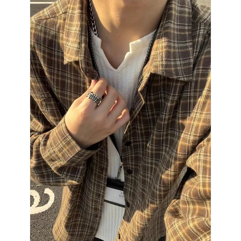 Autumn Long Sleeved Shirt Men Retro Plaid Shirt Men Streetwear Korean Loose Casual Shirt Mens Fashion Shirts Large Size 5XL