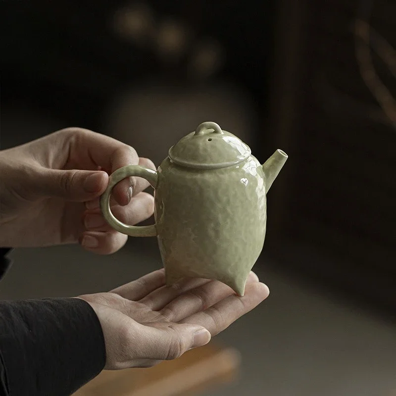 150ML Imitation Song Dynasty Three-legged Teapot Green Glaze Hammer Pattern Hand-held Pot Ball Hole Filter Bubble Kung Fu Teapot