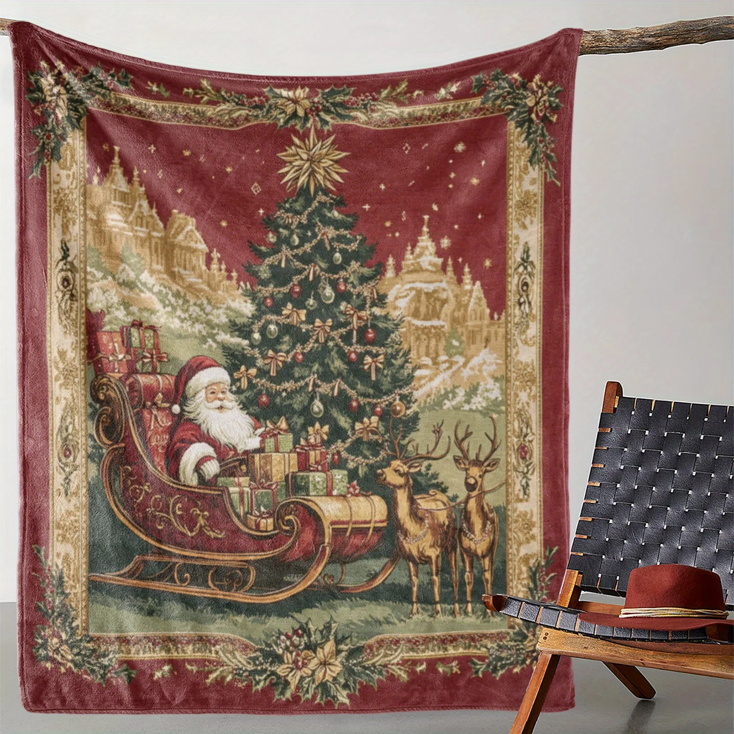 Vintage Christmas Flannel Blanket - Santa Reindeer & Tree | Red Decor, All-Season Comfort, Sofa Bed Travel Christmas Gift