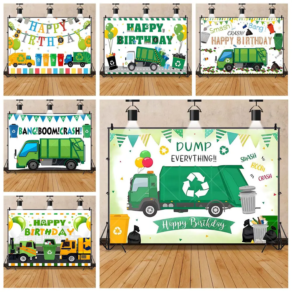 

Cartoon Green Recycling Garbage Truck Boy Girl Kids Birthday Party Backdrop Custom Photography Poster Kids Room Decor Background