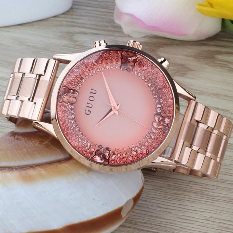 Luxury Brand Fashion Top Quality Quartz Gold Stainless Steel Lady Dress Women Rhinestone Watches Waterproof Wristwatches