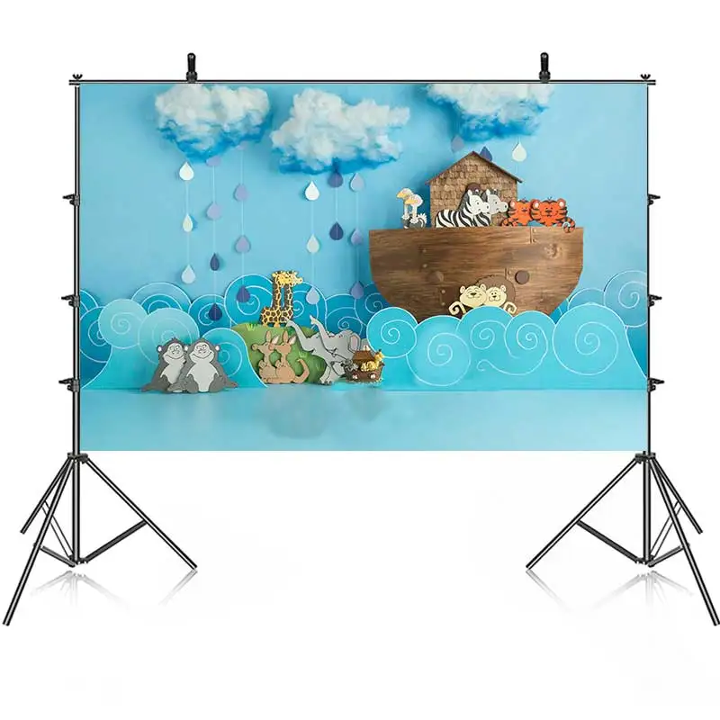 Zoo Aniamals Safari Noah\'s Ark For Children One Year Old Blue Backdrop For Photography Baby Shower Kids Birthday Background