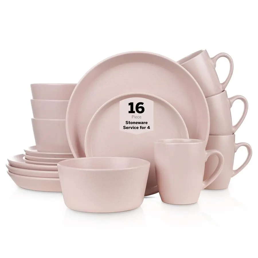 

Albie Stoneware 16Piece Modern Dinnerware Set, Kitchen Plates and Bowls Sets, Dish Set for 4, Pink