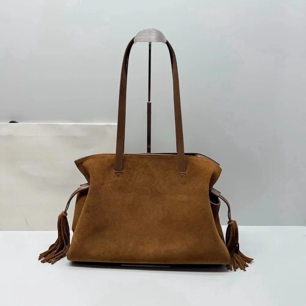 New Retro Tassel Suede Tote Bag Cowhide Lucky Fashion Cloud Drawstring One Shoulder Hand Carry Genuine Leather Women's Bag