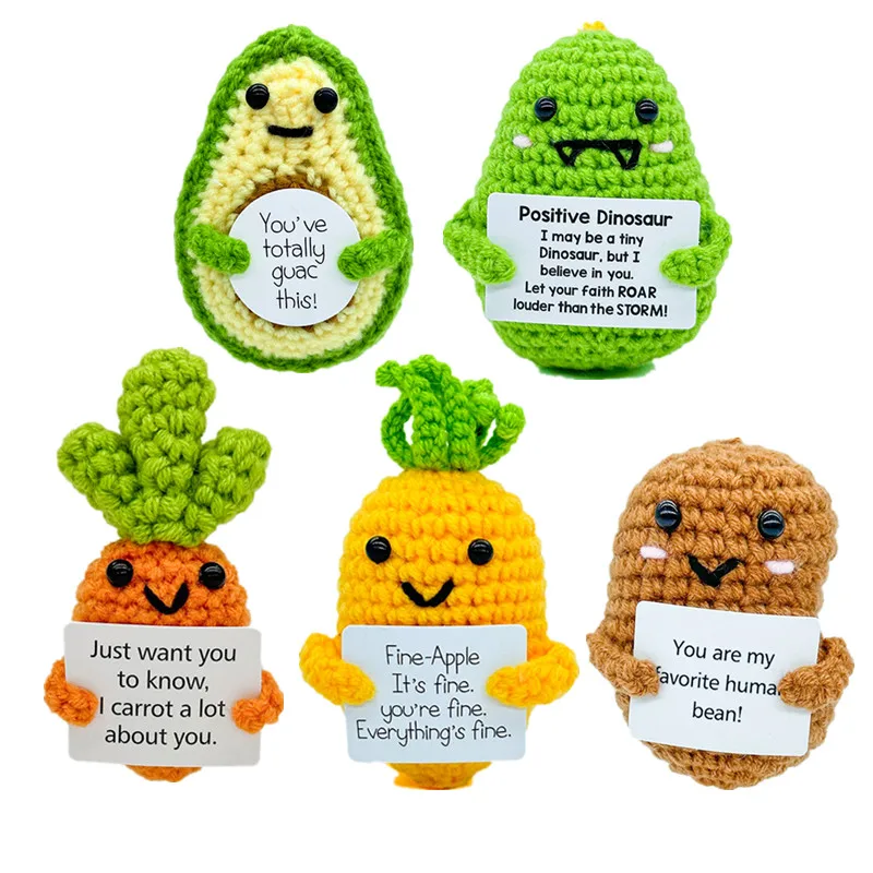 Positive Energy Crochet Doll Pocket Hug Handmade Knitted Plush Fruit Vegetable Avocado Pineapple Carrot Funny Emotional Gifts