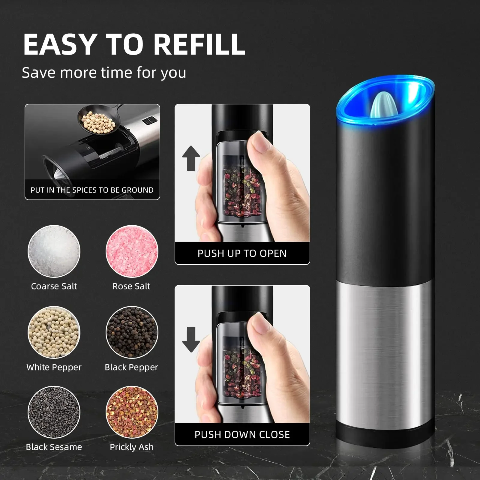 Electric Gravity Salt and Pepper Grinder With LED Light Stainless Steel Automatic Kitchen Spices Mill Adjustable Coarseness