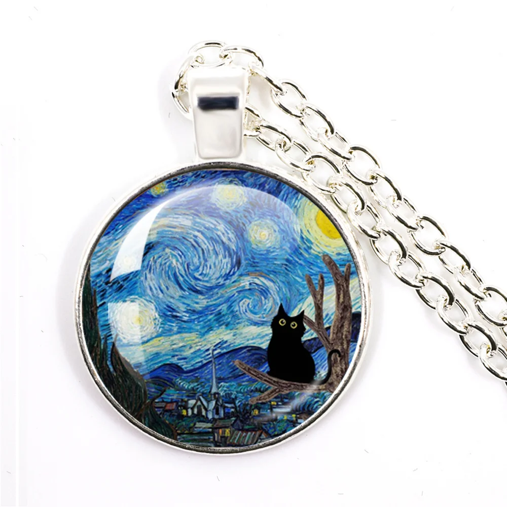 

Lively And Lovely Van Gogh Art Cat Silhouette Moon Circular Glass Necklace Painting Cartoon Glas Dome Base Necklaces For Women