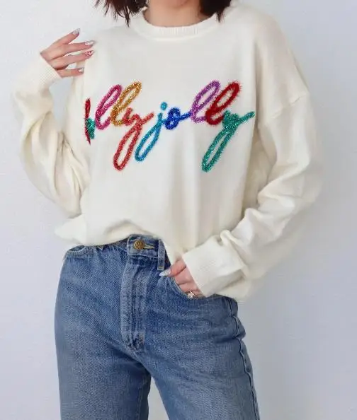 Women s Autumn Loose Sweater Tinsel Letter Applique Long Sleeve Round Neck Knitwear Pullover