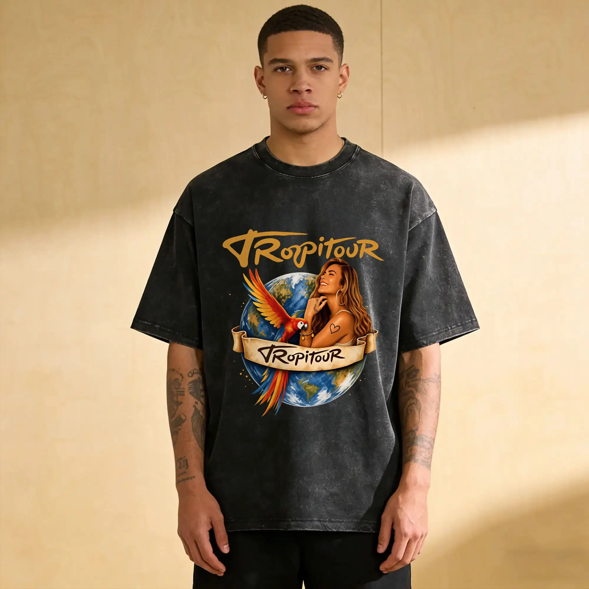 Karols G Tropicoqueta Tour 2026 Washed T-Shirt Mens  Awesome Casual T-Shirts Beach Round Neck Novelty Tees Design Big Size Tops