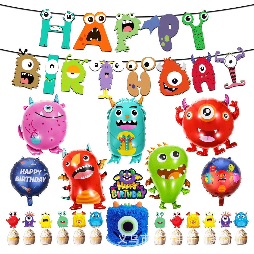 Birthday Party Little Monster Theme Decorations Latex Balloons Banners Cake topper Kids Boys Supplies Baby Showers Toys Global