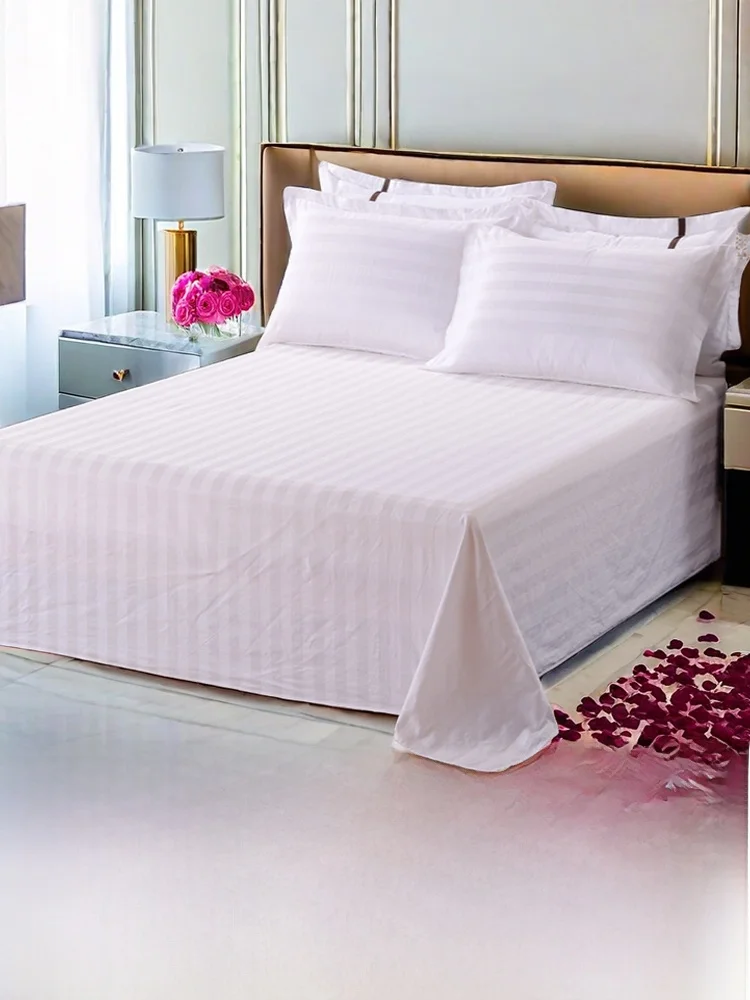 White Washed Cotton Sateen Bedding Hotel Guest House Beauty Salon Massage Shop Bed Sheets Stripe Pattern Polyester Fiber